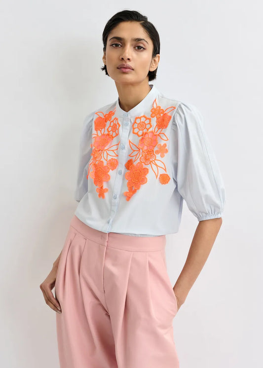 Essentiel Antwerp Light Blue and Orange Cotton Shirt with Appliqué Flowers with Mandarin Collar JORJA