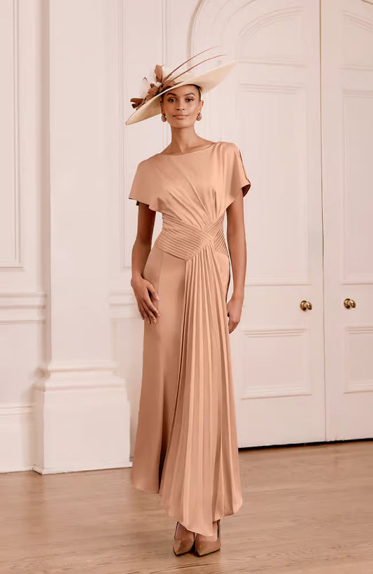 John Charles Mocha Draped Midi Dress with Asymmetric Hem