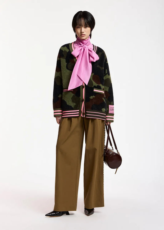 Essentiel Antwerp Khaki Camo Jacquard Cardigan with Pink Striped Trims