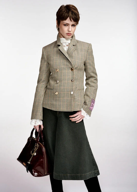 Essentiel Antwerp Brown Checked Double-Breasted Fitted Jacket