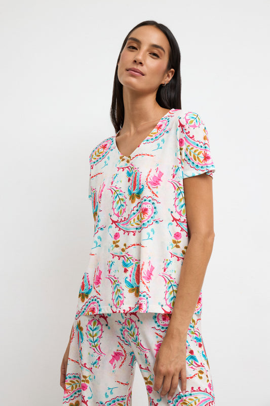 Tinta & Bariloche Printed V-Neck Top in a Loose Fit, Flutter Short Sleeve KINA