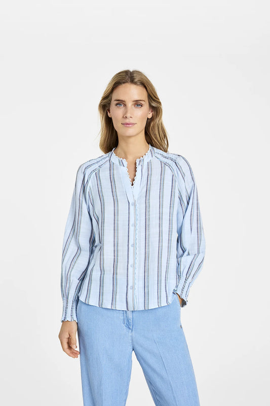 Gustav Sea Blue Stripe Shirt – Mandarin Collar, Embroidered Placket, Shirred Details 60665