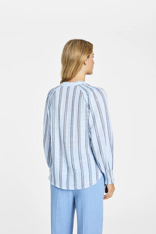 Gustav Sea Blue Stripe Shirt – Mandarin Collar, Embroidered Placket, Shirred Details 60665