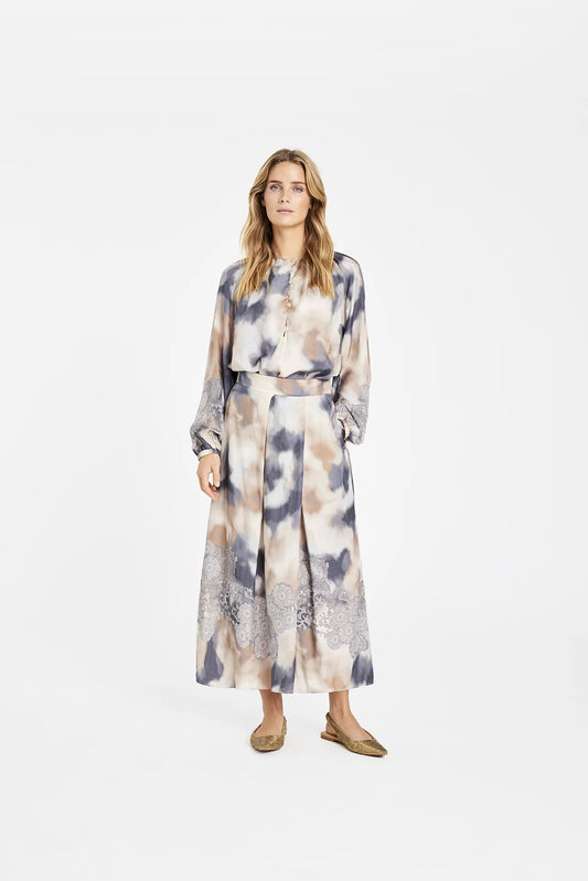 Gustav Beige Patterned Midi Skirt with Front Pleats, Back Elastic Waist, Side Pockets 60552