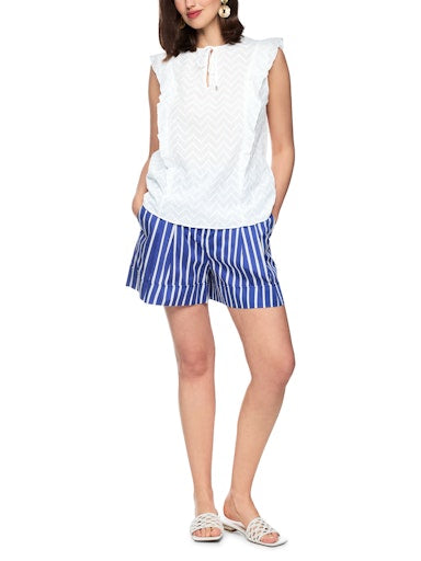 Marc Cain White Tie Neck Flounce Cap Sleeve Top