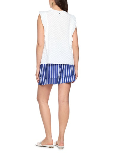 Marc Cain White Tie Neck Flounce Cap Sleeve Top