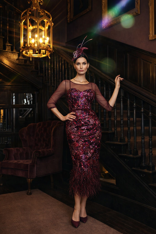 Gill Harvey Aubergine & Navy Sequin Dress – Feather Hem, Sweetheart Neckline