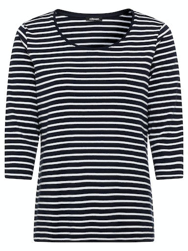 Olsen Navy & White Striped Cotton T-Shirt with Round Neck, 3/4 Sleeves 11100263