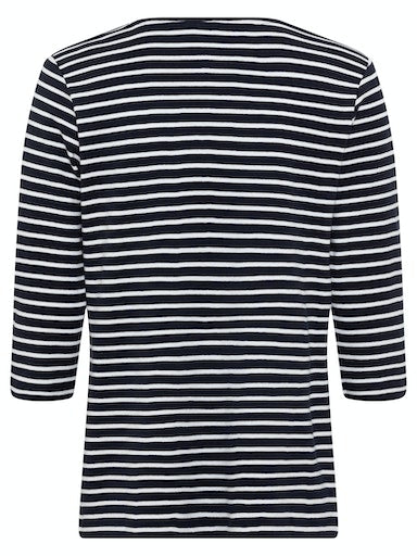 Olsen Navy & White Striped Cotton T-Shirt with Round Neck, 3/4 Sleeves 11100263