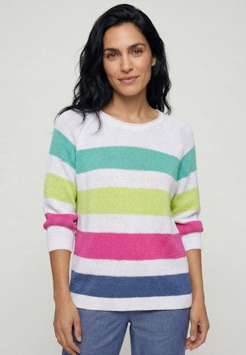 Olsen White & Multi-Coloured Stripe Cotton Blend Crew Neck Sweater