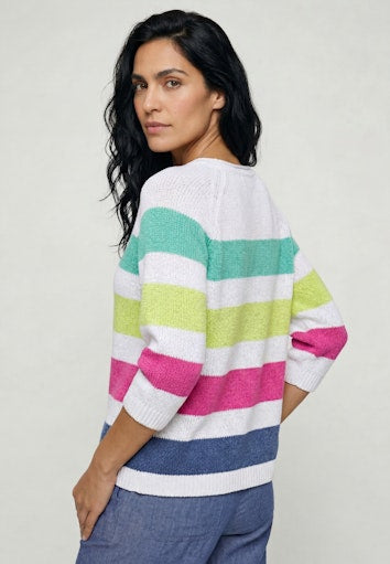 Olsen White & Multi-Coloured Stripe Cotton Blend Crew Neck Sweater