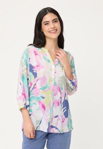 Olsen Multi-Coloured Floral Print Blouse with V-Neck and 3/4 Sleeve
