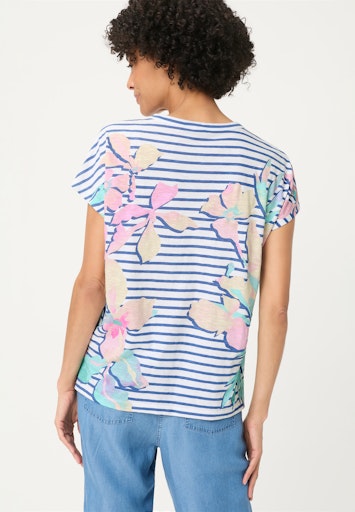 Olsen Indigo Stripe Floral Print Cotton T-Shirt with Notch Neck Cap Sleeve