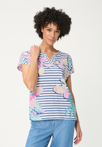 Olsen Indigo Stripe Floral Print Cotton T-Shirt with Notch Neck Cap Sleeve