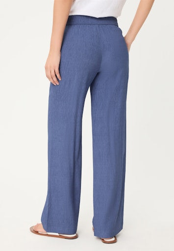Olsen Indigo Blue Crinkle Wide Leg Trousers with Elastic Waist