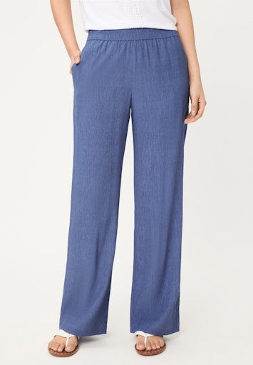Olsen Indigo Blue Crinkle Wide Leg Trousers with Elastic Waist