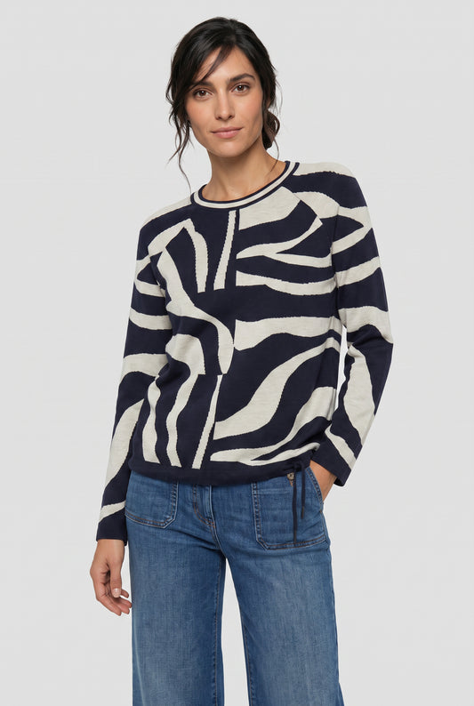 Olsen Ink/Cream Patterned Fine Knit Crew Neck Sweater with Drawstring Hem