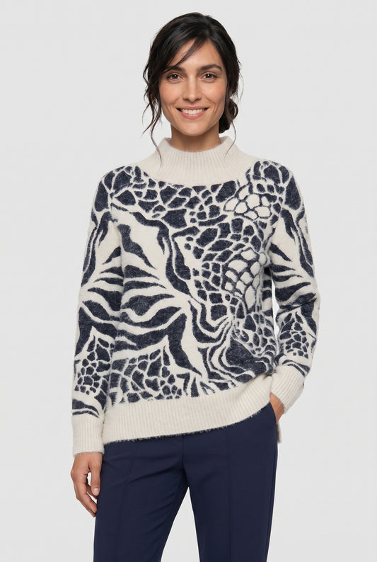 Olsen Ink & Cream Patterned Turtleneck Sweater Soft Polyamide Cotton Blend