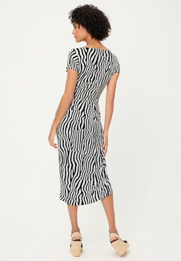 Olsen Black & White Wave Stripe Wrap Dress, Viscose Blend, Keyhole Neck, Short Sleeve 13002068