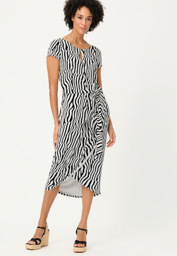 Olsen Black & White Wave Stripe Wrap Dress, Viscose Blend, Keyhole Neck, Short Sleeve 13002068