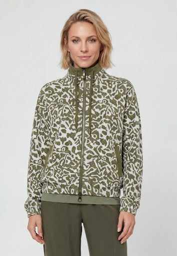 Olsen Olive Green Patterned Zip-Up Top with Drawstring Neck and Pockets