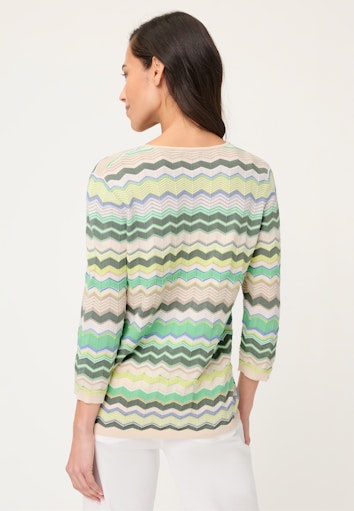 Olsen Khaki & Multi Wavy Stripe Top with Round Neck