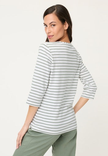 Olsen Fine Khaki Stripe Cotton T-Shirt with Round Neck