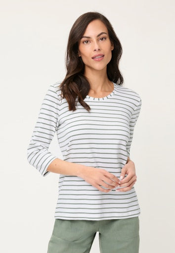 Olsen Fine Khaki Stripe Cotton T-Shirt with Round Neck