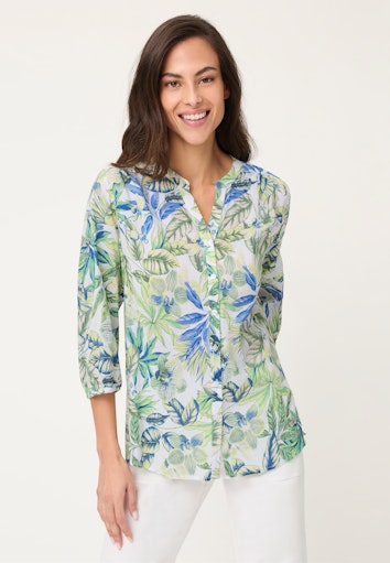 Olsen Jade Leaf Print Blouse with 3/4 Sleeve, Button Front, Mandarin Collar 12002198