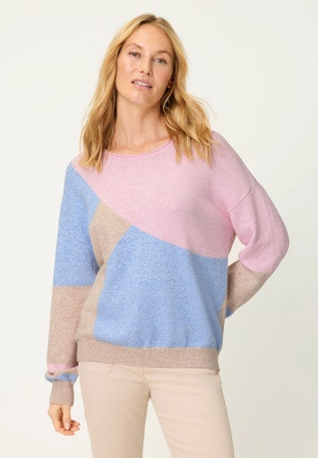 Olsen Soft Pink, Blue & Toffee Colour-Block Jumper with Rolled Round Neckline 11004811