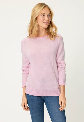 Olsen Peony Pink Cotton Blend Sweater with Long Sleeves and Rolled Round Neckline 11004805