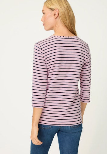 Olsen Pink Stripe 3/4 Sleeve Round Neck Cotton T-Shirt 11105298