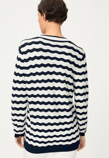 Olsen Blue & White Wave Stripe Sweater – V-Neck, Long Sleeve with Ribbed Trims 11004829