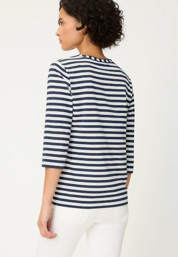 Olsen Ink Blue Striped T-Shirt – Round Neck, 3/4 Sleeve Cotton-Elastane Blend with Floral Print & Rhinestones 11105335