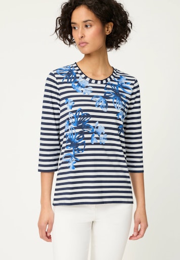 Olsen Ink Blue Striped T-Shirt – Round Neck, 3/4 Sleeve Cotton-Elastane Blend with Floral Print & Rhinestones 11105335