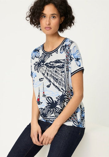 Olsen Ink Blue Riviera Print T-Shirt – Round Neck, Short Sleeve with Contrasting Stripes & Rhinestones11105356