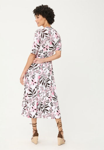 Olsen Raspberry Floral & Leaf Midi Dress – Viscose Blend, Buckle Detail