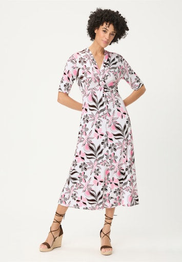 Olsen Raspberry Floral & Leaf Midi Dress – Viscose Blend, Buckle Detail