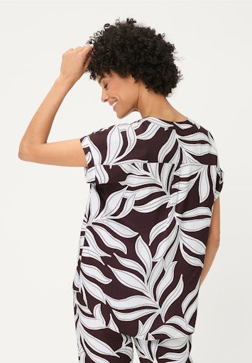Olsen Dark Brown Leaf Print Viscose Top – Short Sleeve, V-Neck Tunic Style