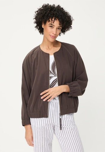 Olsen Dark Brown Bomber-Style Jacket with Round Neck, Zip Front, Elasticated Hem