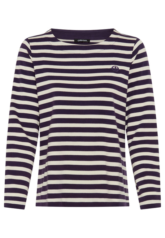 Olsen Ink Blue & Cream Stripe Soft Cotton Crew Neck Long Sleeve T-Shirt