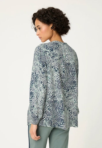 Olsen Navy Print V-Neck Loose Fit Top with Long Sleeves & Shirred Cuffs 12002184