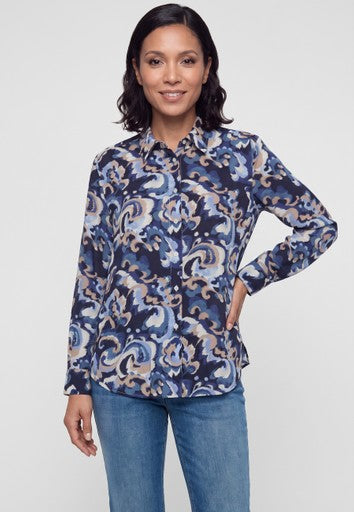 Olsen Blue Patterned Shirt Blouse – Long Sleeve Cotton Blend