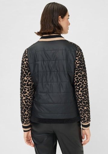Olsen Mandarin Collar Zipped Cardigan in Black and Beige Animal Print 11004704