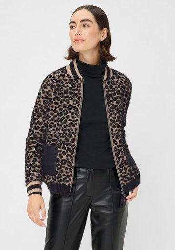 Olsen Mandarin Collar Zipped Cardigan in Black and Beige Animal Print 11004704