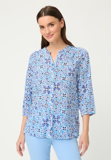 Olsen Blue Print Open V-Neck Blouse