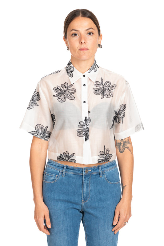 Diana Gallesi White Boxy Shirt with Black Floral Embroidery, Short Sleeve, Button Front 5005R003092N