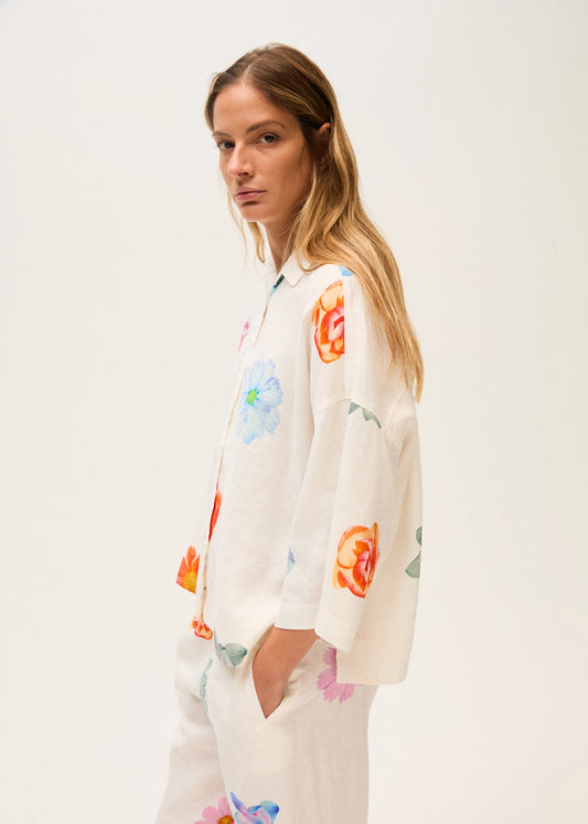 Rosso 35 White Printed Linen Oversized Shirt N1941B