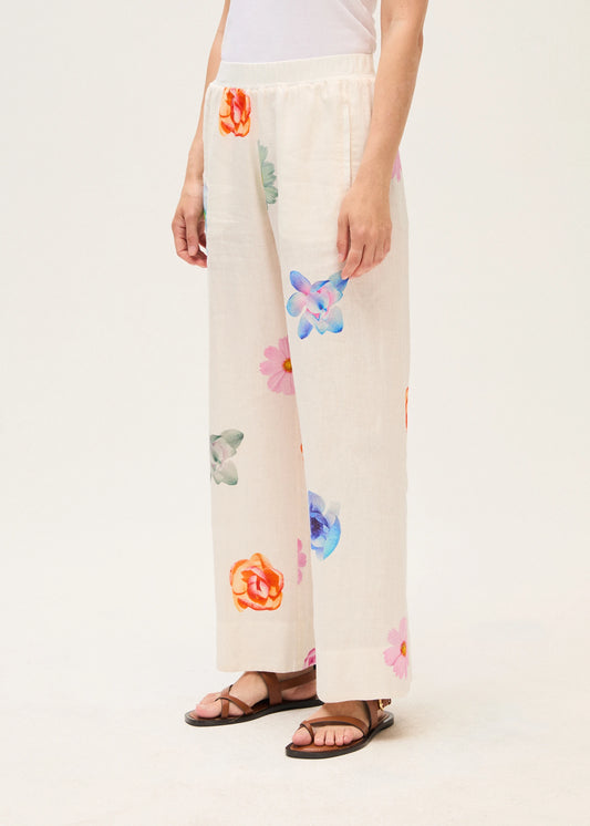 Rosso 35 White Printed Linen Wide Trousers N1943P