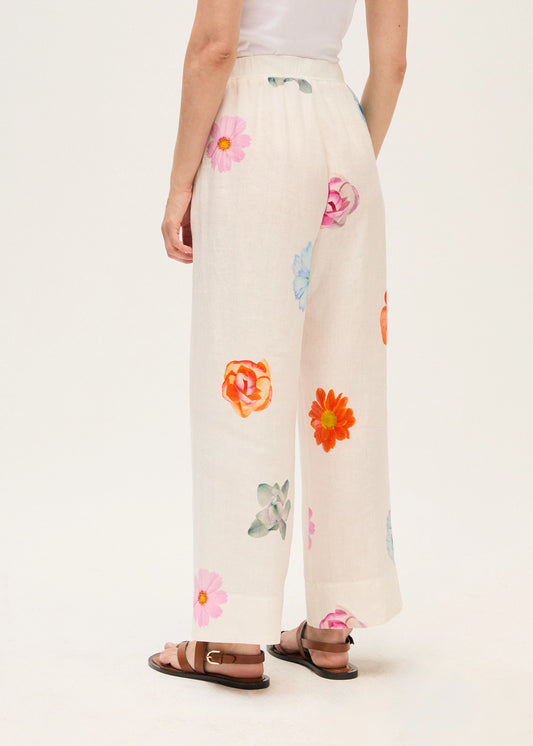 Rosso 35 White Printed Linen Wide Trousers N1943P